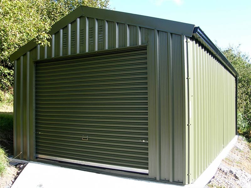 6.2m x 5m Bronze Range Olive Green garage with vertical profile cladding Shanette Sheds