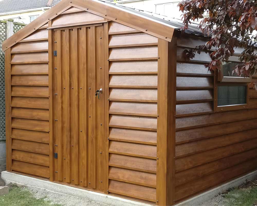3.2m x 3m Bronze Range Garden shed with Golden Oak Plank Effect upgrade with window Shanette Sheds