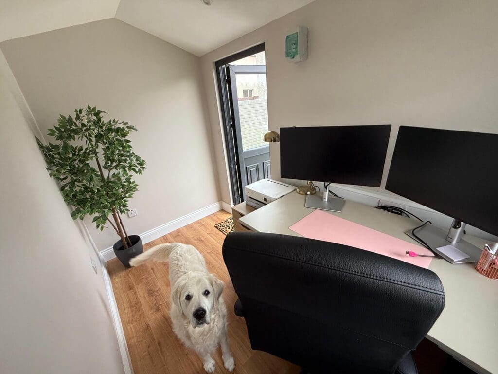 insulated steel garden shed with a home office set up from Shanette