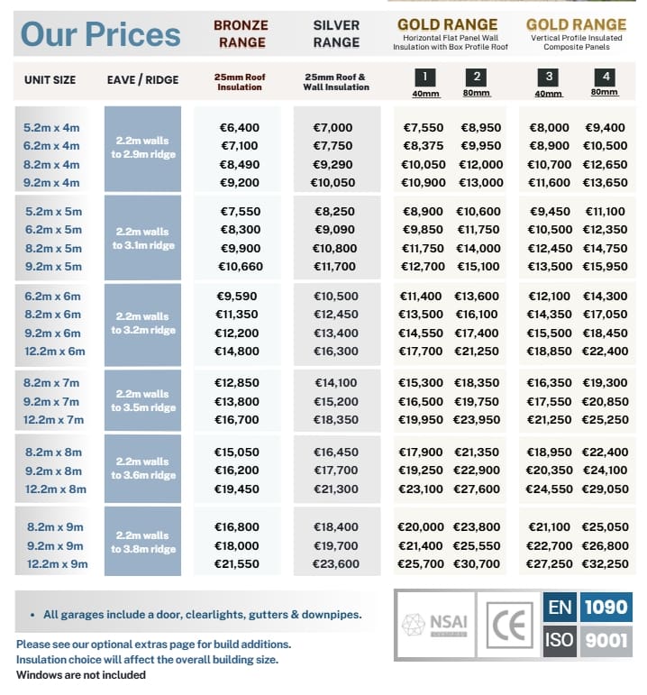 Shanette Steel Garages Price List