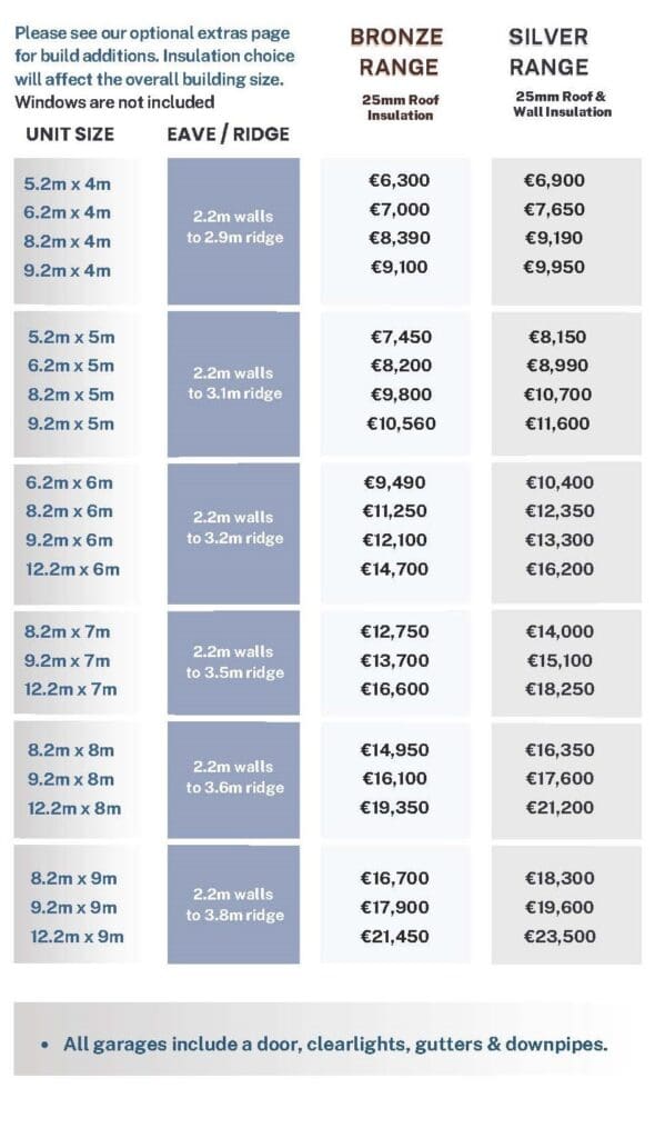 Silver and Bronze Range Garage Price List 